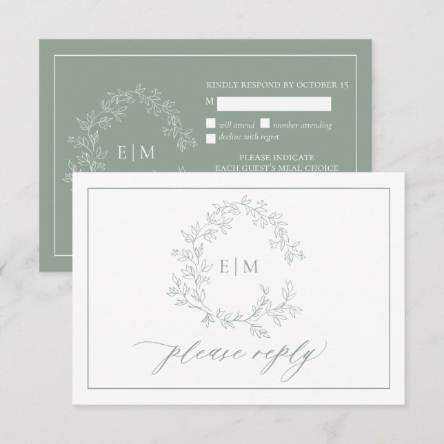 Cartons Réponse Mariage de monogramme de crête verte Sage (Devant / Derrière)