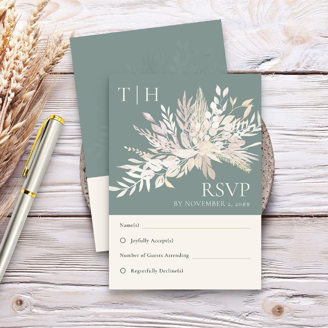 Cartons Réponse Mariage de monographie végétale de feuillage vert (Sage Green Elegant RSVP card  - Foliage Duet wedding collection)