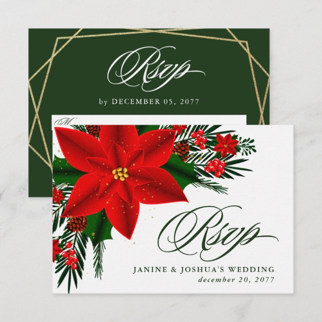 Cartons Réponse Mariage de Noël au poinsettia rouge et feuillage d (Devant / Derrière)