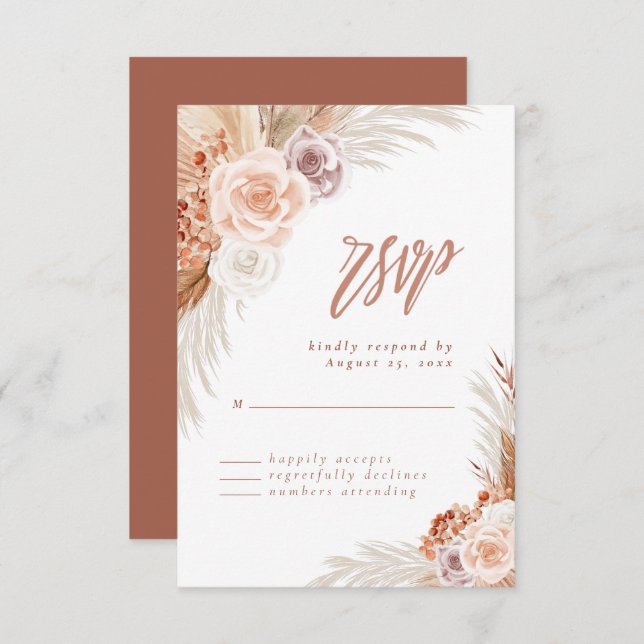 Cartons Réponse Mariage de Pampas Rose en terre cuite Boho (Devant / Derrière)