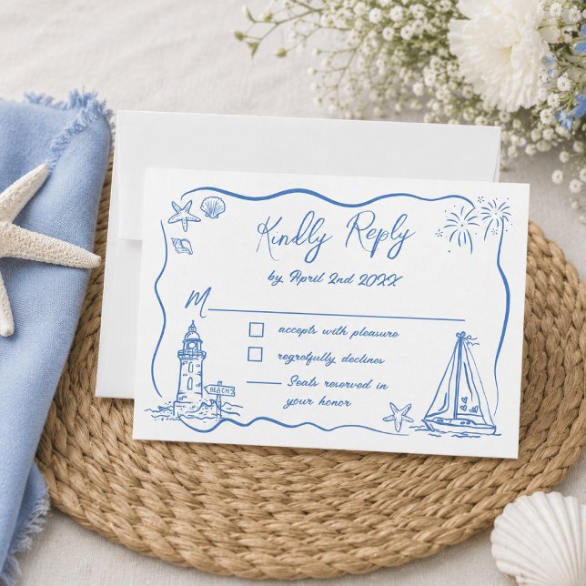 Cartons Réponse Mariage de plage côtier avec gribouillages dessiné (Créateur téléchargé)