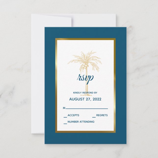 Cartons Réponse Mariage de plage Tropical Ocean Blue Gold Palm Tre (Devant)