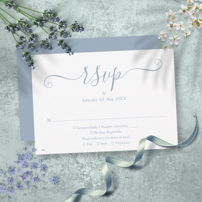 Cartons Réponse Mariage de script élégant bleu foncé (Dusty Blue Elegant Script Wedding RSVP Card)