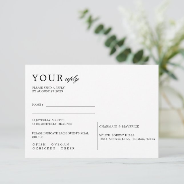 Cartons Réponse Mariage de script noir et blanc minimal (Debout devant)