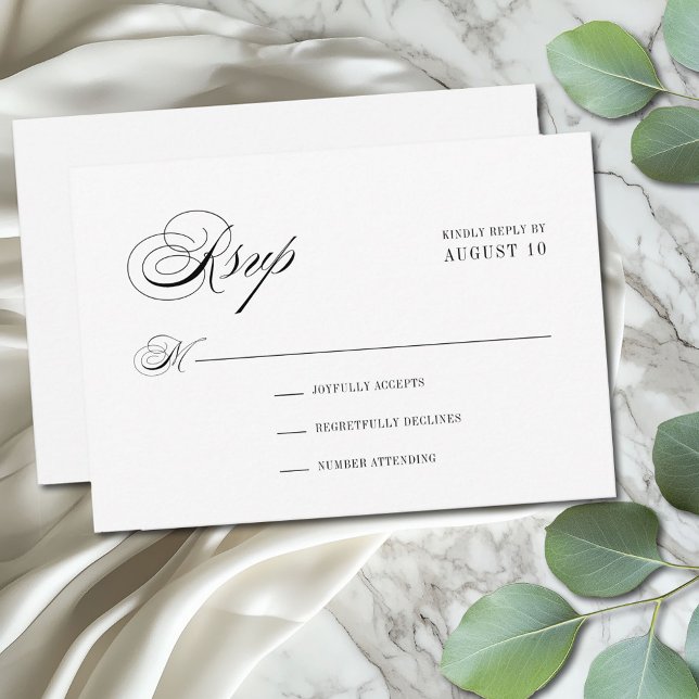 Cartons Réponse Mariage de script romantique noir et blanc minimal (Elegant minimal modern wedding RSVP card with vintage flair)