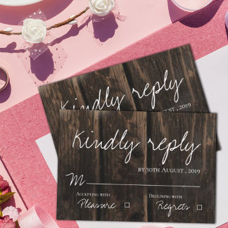 Cartons Réponse Mariage de script rustique élégant en bois