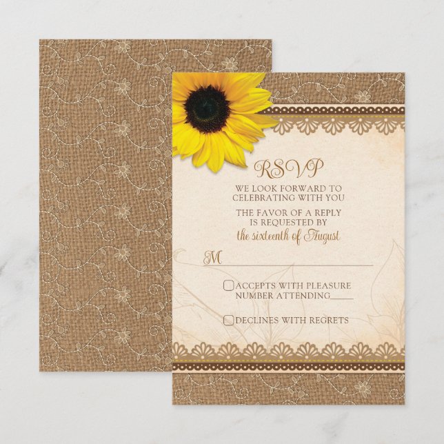 Cartons Réponse Mariage de tournesol de dentelle de Burlap rustiqu (Devant / Derrière)