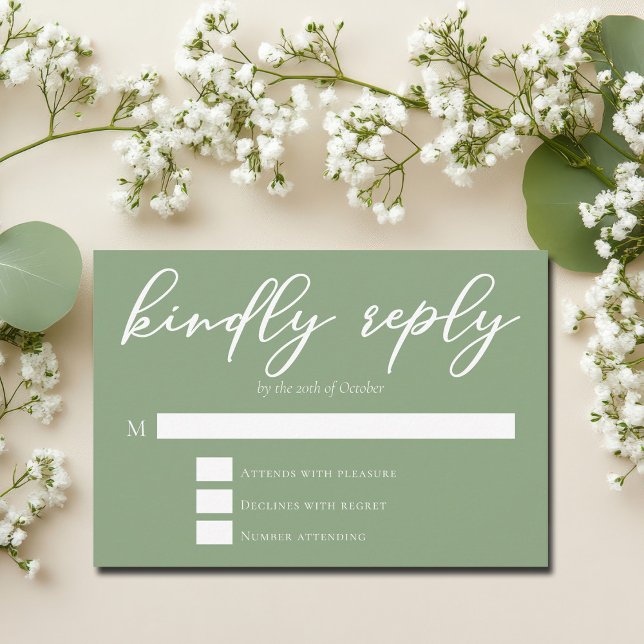Cartons Réponse Mariage de typographie blanche Sage Green Répondre (Créateur téléchargé)