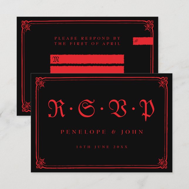 Cartons Réponse Mariage de typographie rouge gothique (Devant / Derrière)