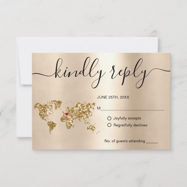 Cartons Réponse Mariage Destination Passport Gold World Map Invita (Devant)
