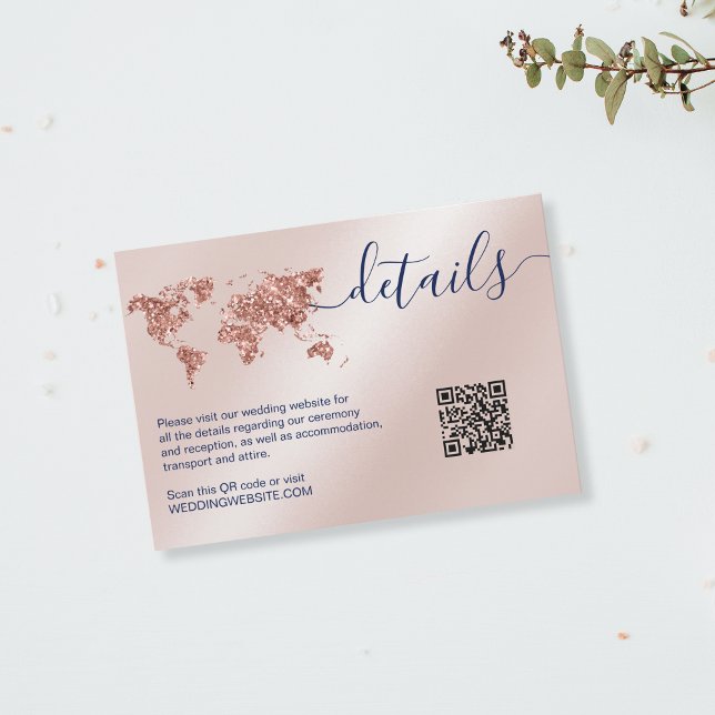 Cartons Réponse Mariage Destination World Map Détails QR Code (rose gold glitter world map)