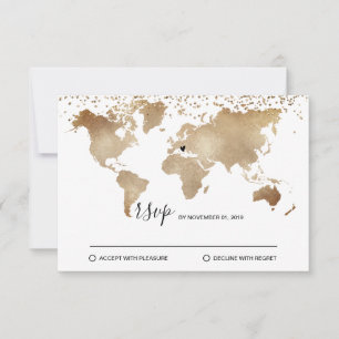 Cartons Réponse Mariage Destination World Map Gold Removable Heart