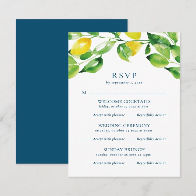Cartons Réponse Mariage d'événements multiples Citrons et feuillag (Devant / Derrière)