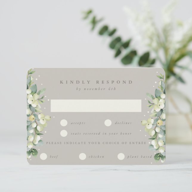 Cartons Réponse Mariage d'hiver à bords de neiges et d'eucalyptus (Debout devant)