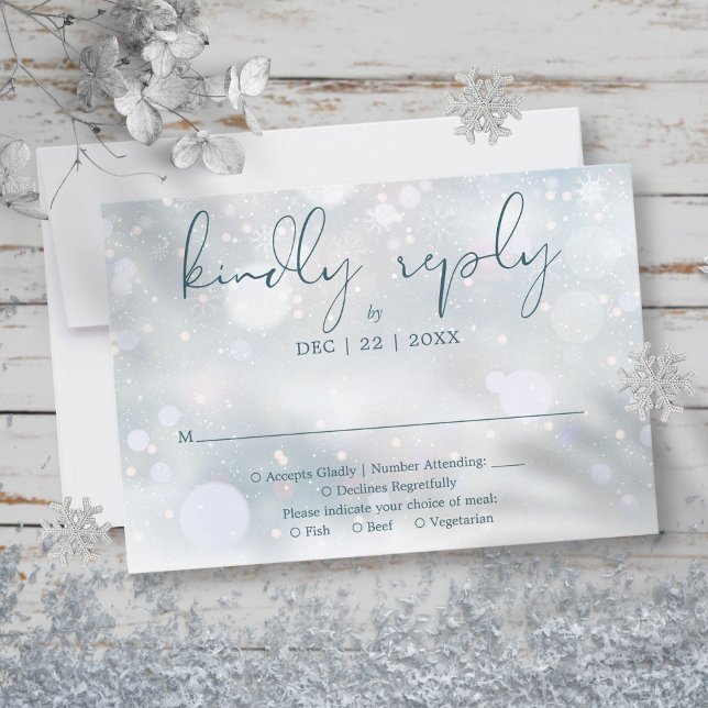 Cartons Réponse Mariage d'hiver élégant écriture neige (Winter Wonderland Elegant Script Snow Wedding RSVP Card)