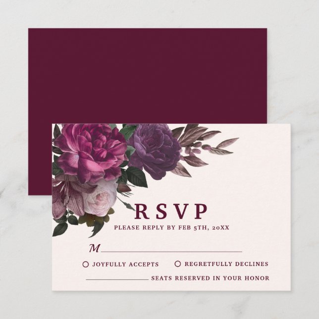 Cartons Réponse Mariage d'hiver floral Burgundy & Maroon Enchantan (Devant / Derrière)