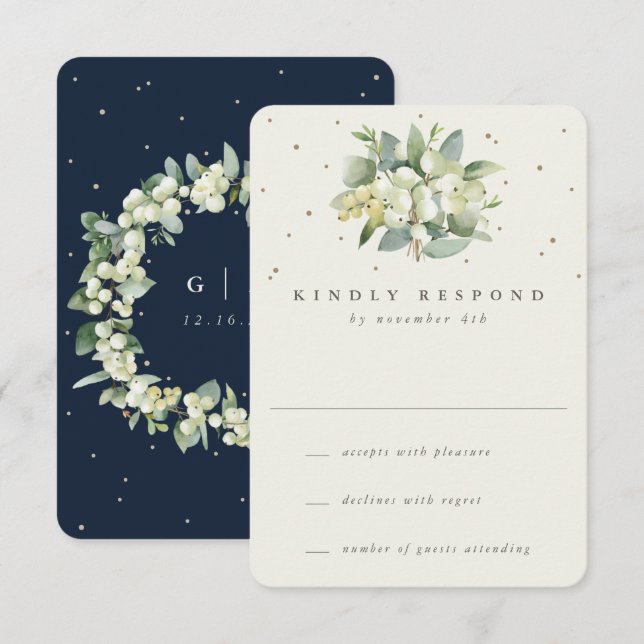 Cartons Réponse Mariage d'hiver Marine/Crème Snowberry+Eucalyptus (Devant / Derrière)