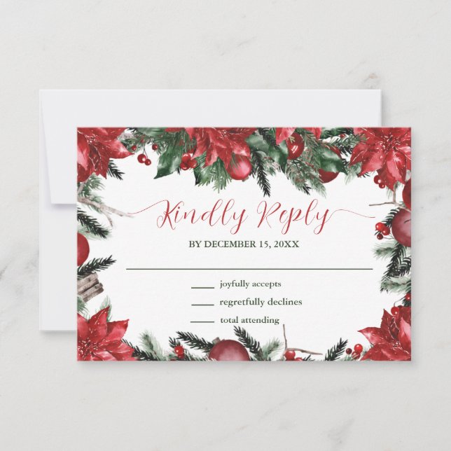 Cartons Réponse Mariage d'hiver Rouge Poinsettia Pine Verdure (Devant)