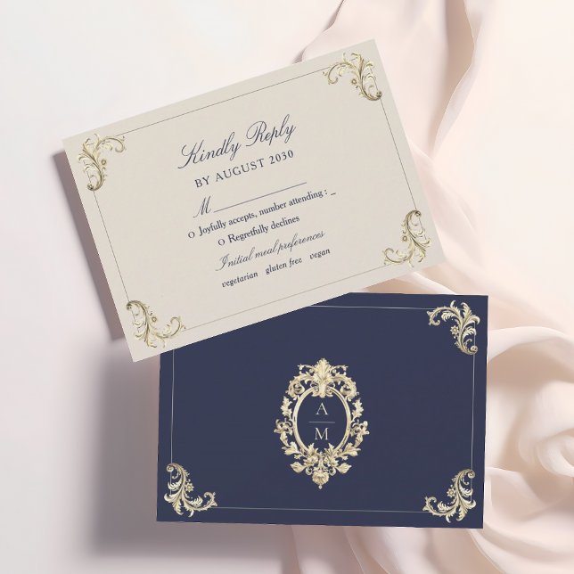 Cartons Réponse Mariage d'or bleu marine baroque (Créateur téléchargé)