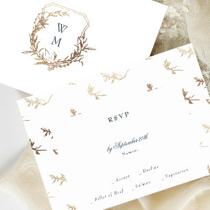 Cartons Réponse mariage d'or monogramme bleu marine classique