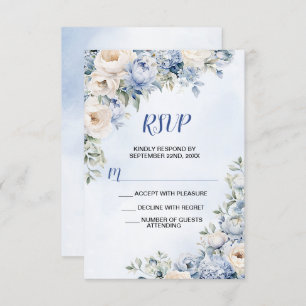 Cartons Réponse Mariage Dusty Blue Watercolor Fleurs d'ivoire Feui