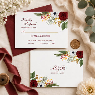 Cartons Réponse Mariage élégant à motif floral rouge Bourgogne et