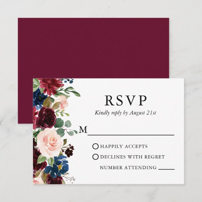 Cartons Réponse Mariage Elégant Aquarelle Burgundy Bleu Floral (Devant / Derrière)