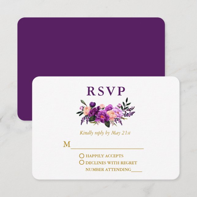 Cartons Réponse Mariage Elégant Aquarelle Purple Floral Or (Devant / Derrière)