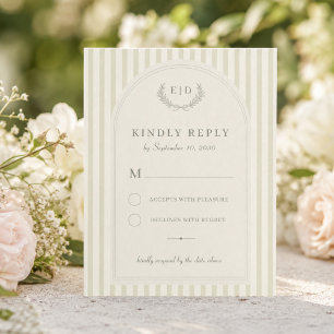 Cartons Réponse Mariage élégant avec monogramme rayé vert sauge