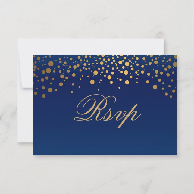 Cartons Réponse Mariage élégant bleu marine et pois dorés confetti (Devant)