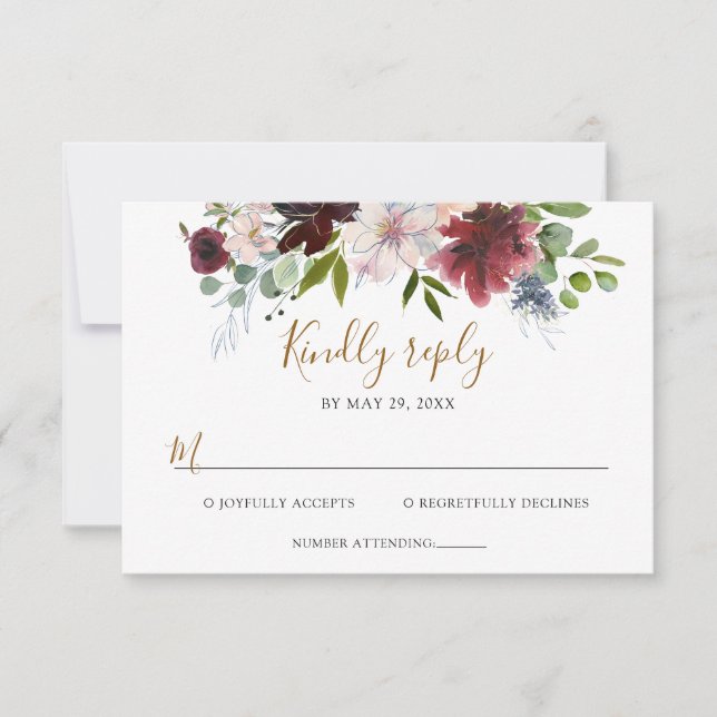 Cartons Réponse Mariage Élégant Burgundy Navy Floral avec Verdure (Devant)