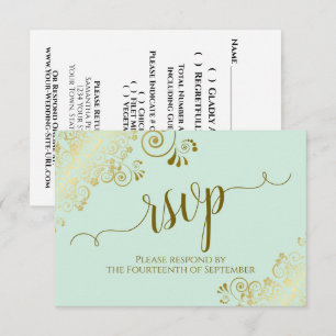Cartons Réponse Mariage élégant calligraphié vert menthe et or