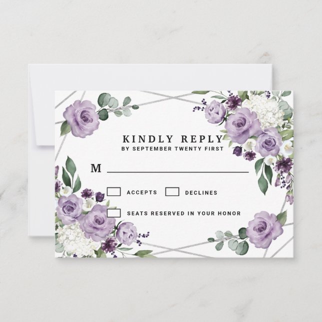 Cartons Réponse Mariage élégant et géométrique floral et argenté v (Devant)