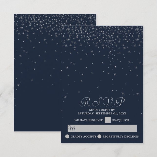 Cartons Réponse Mariage Elegant Marine & Silver Falling Stars (Devant / Derrière)