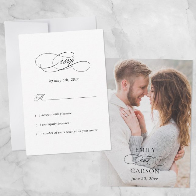 Cartons Réponse Mariage élégant Noms photo modernes et Date Noir (Créateur téléchargé)