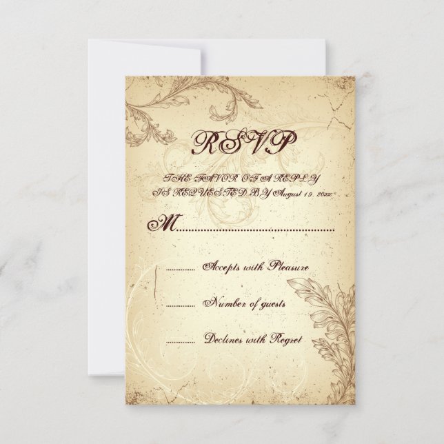 Cartons Réponse Mariage en feuille de scroll vintage beige, brun R (Devant)