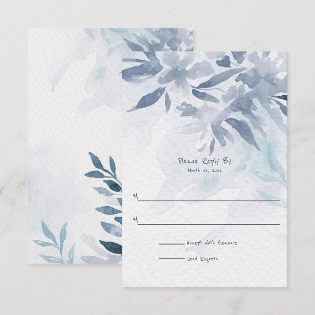 Cartons Réponse Mariage Feuille Aquarelle bleu doux (Devant / Derrière)