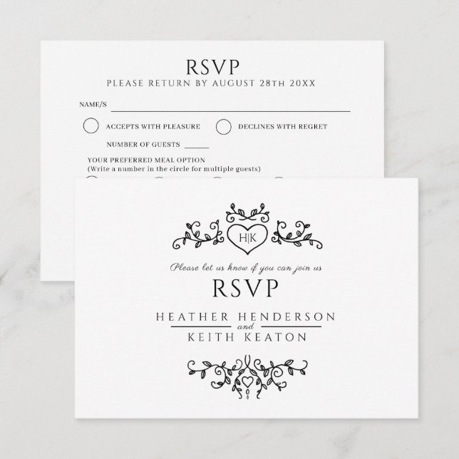 Cartons Réponse Mariage feuille art monogramme noir blanc repas ma (Devant / Derrière)