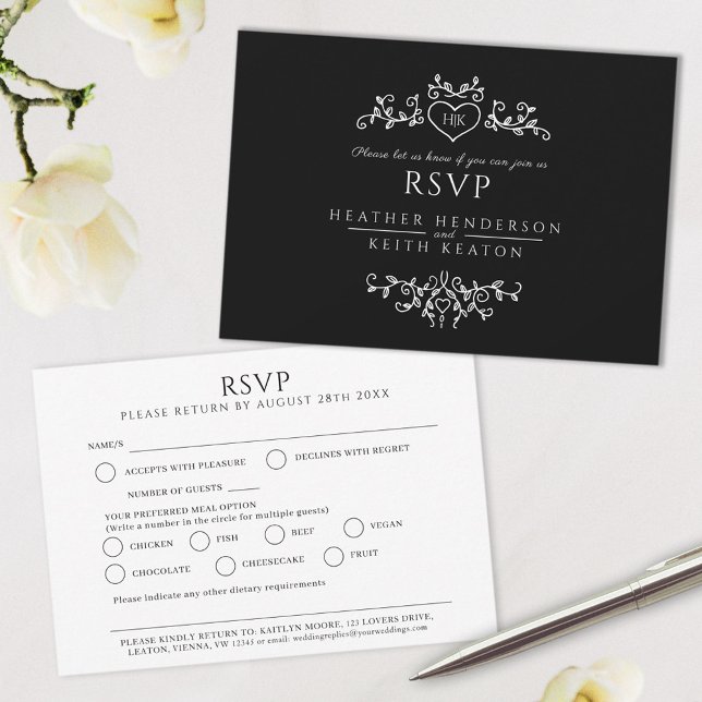 Cartons Réponse Mariage feuille art monogramme noir blanc repas ma (Créateur téléchargé)