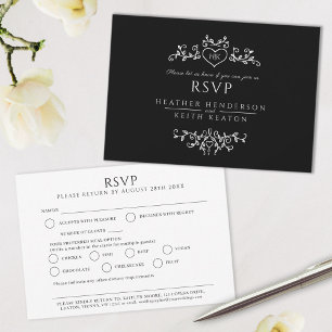 Cartons Réponse Mariage feuille art monogramme noir blanc repas ma