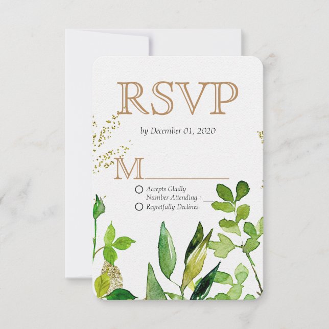 Cartons Réponse Mariage Feuille encadré de feuilles vertes et d'or (Devant)