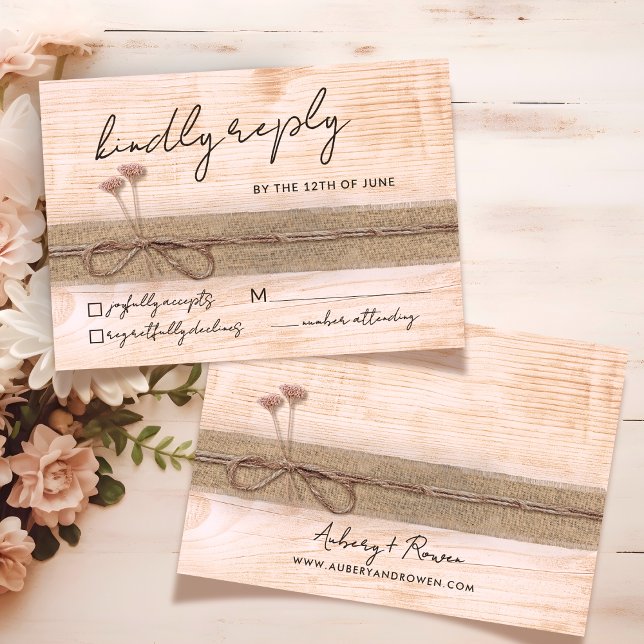 Cartons Réponse Mariage Fleur sauvage Rustique Boho Eco Wood Blush (Créateur téléchargé)
