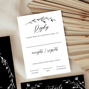 Cartons Réponse Mariage Fleur sauvage rustique noir et blanc