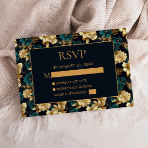 Cartons Réponse Mariage Fleurie Sombre Teal Or Noir