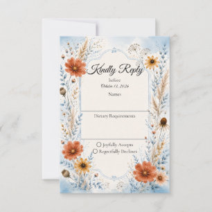Cartons Réponse Mariage Floral Automnal Bleu Élégant