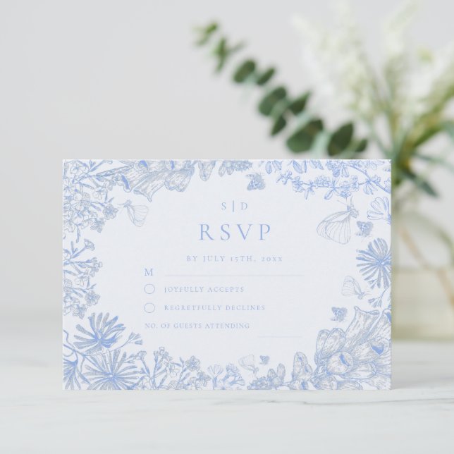 Cartons Réponse Mariage Floral Blanc Bleu Français Classique (Debout devant)