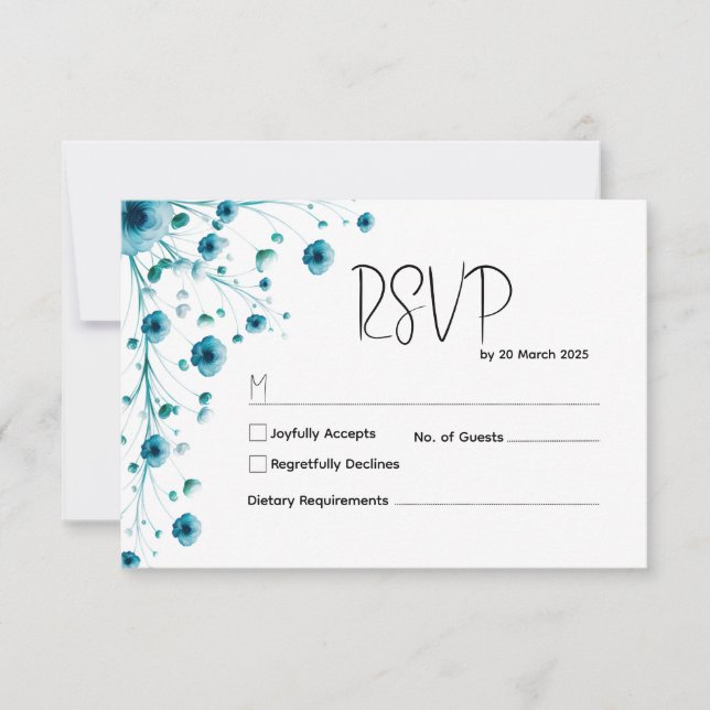 Cartons Réponse Mariage floral blanc et bleu moderne (Devant)