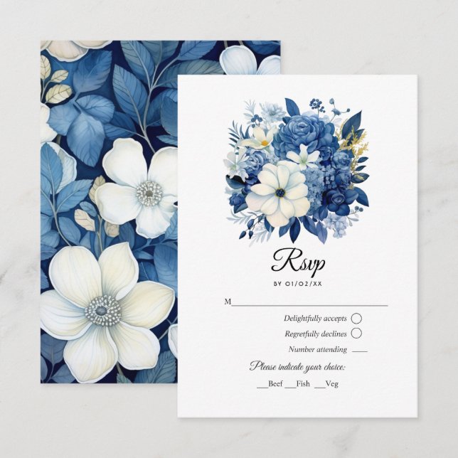 Cartons Réponse Mariage floral blanc et marine (Devant / Derrière)