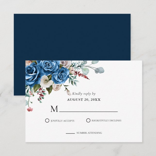 Cartons Réponse Mariage floral bleu bleu bleu rose roux (Devant / Derrière)