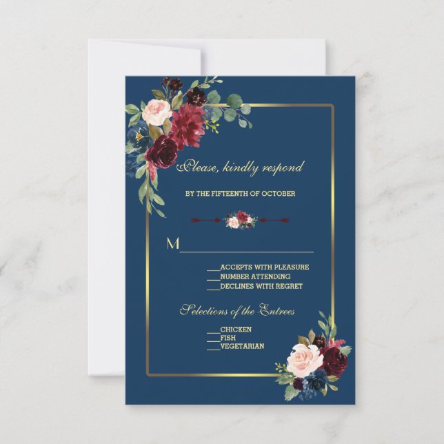 Cartons Réponse Mariage floral bleu marine Bourgogne doré (Devant)